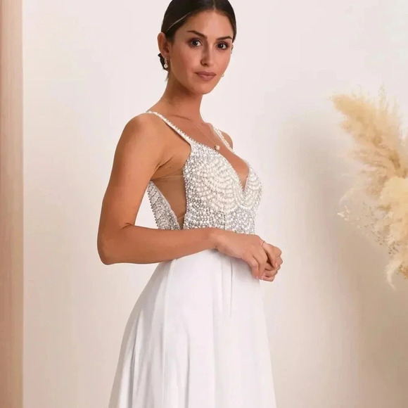 NWOT Lulus True Love White Beaded Rhinestone Maxi‎ Dress - Picture 3 of 7